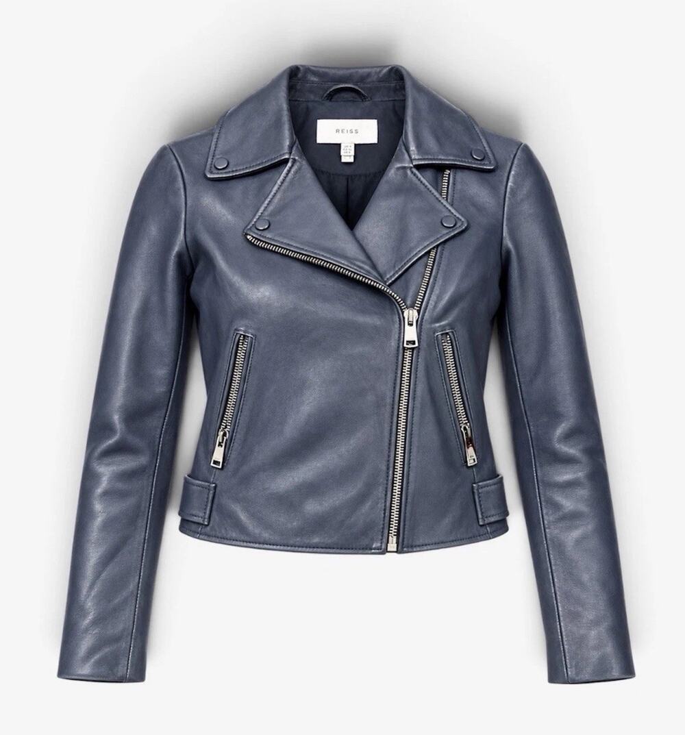 Reiss Blue Sheep Leather Moto Jacket US 2 Ocean Blue Biker